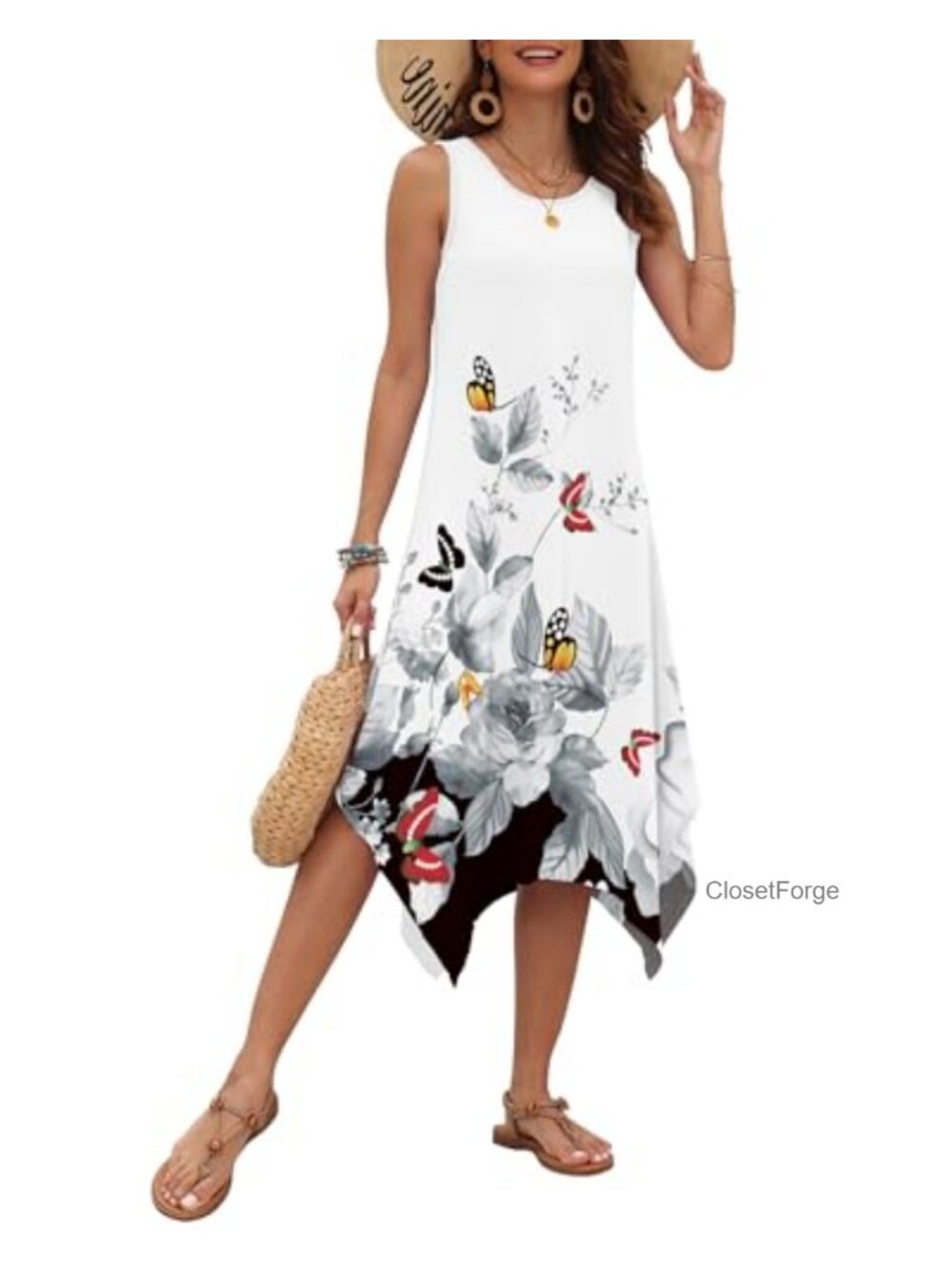 Sleeveless Midi Dress with Pockets Floral Sundress Summer Casual Handkerchief